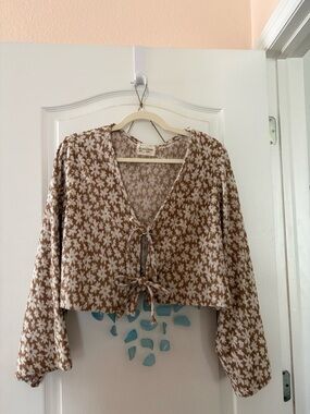 Boheme Goods Brown & Cream Floral Tie-Front Cropped Cardigan